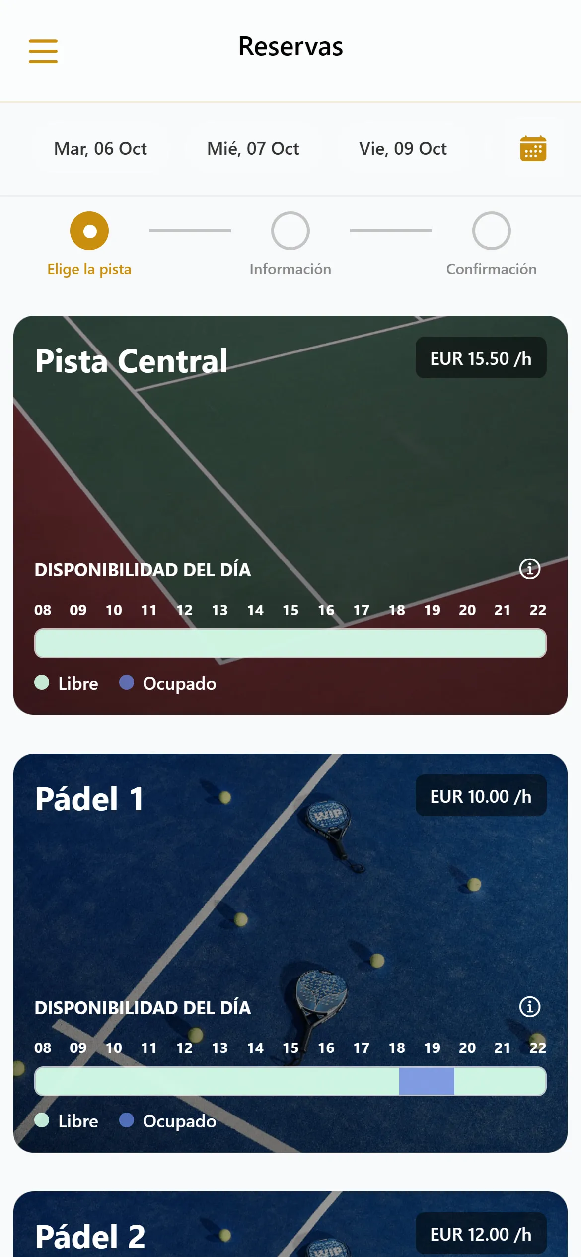Primer paso de una reserva: selector de día y lista de pistas con su precio por hora y la disponibilidad de la jornada.